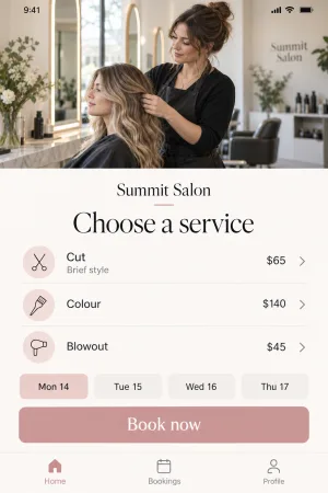The Summit Salon booking app on a phone: choose a service, pick a day, book now
